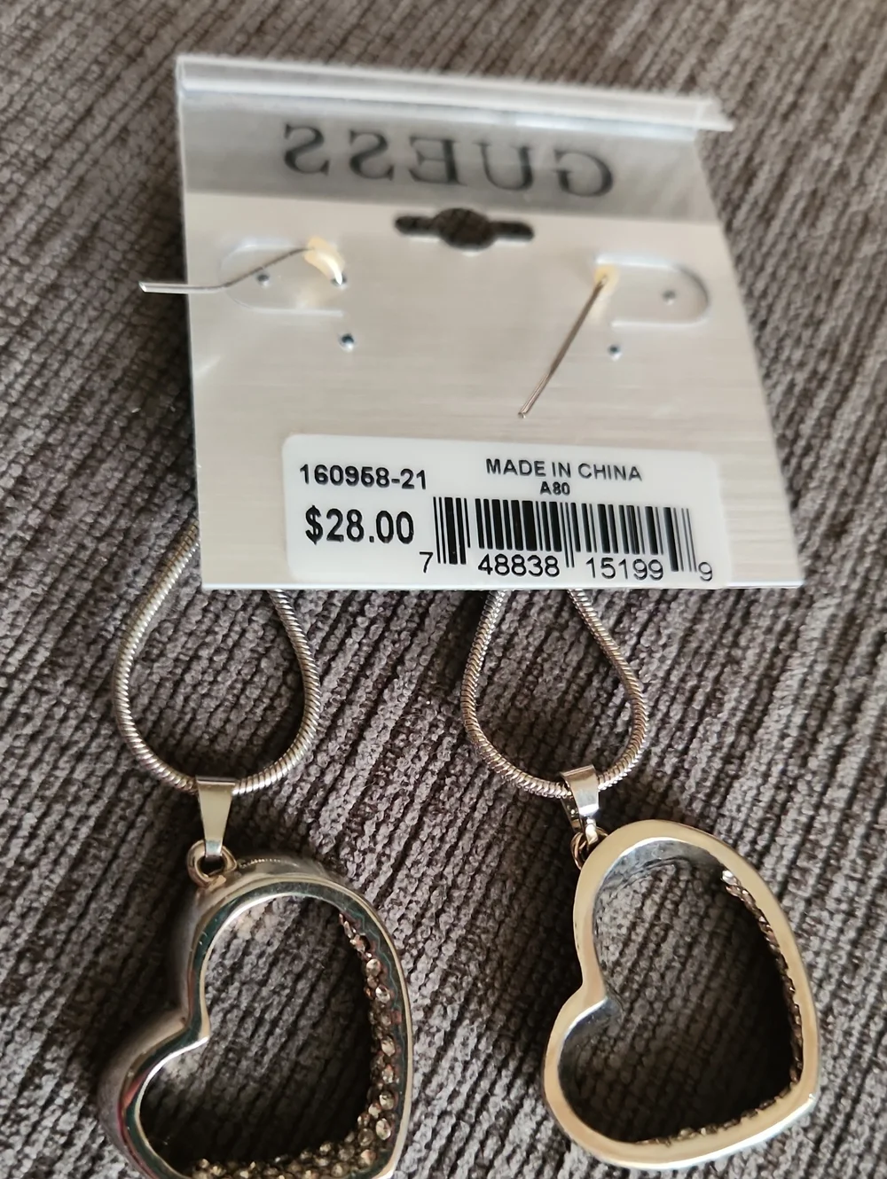 GUESS Silver Open Heart Drop Earrings with Crystals